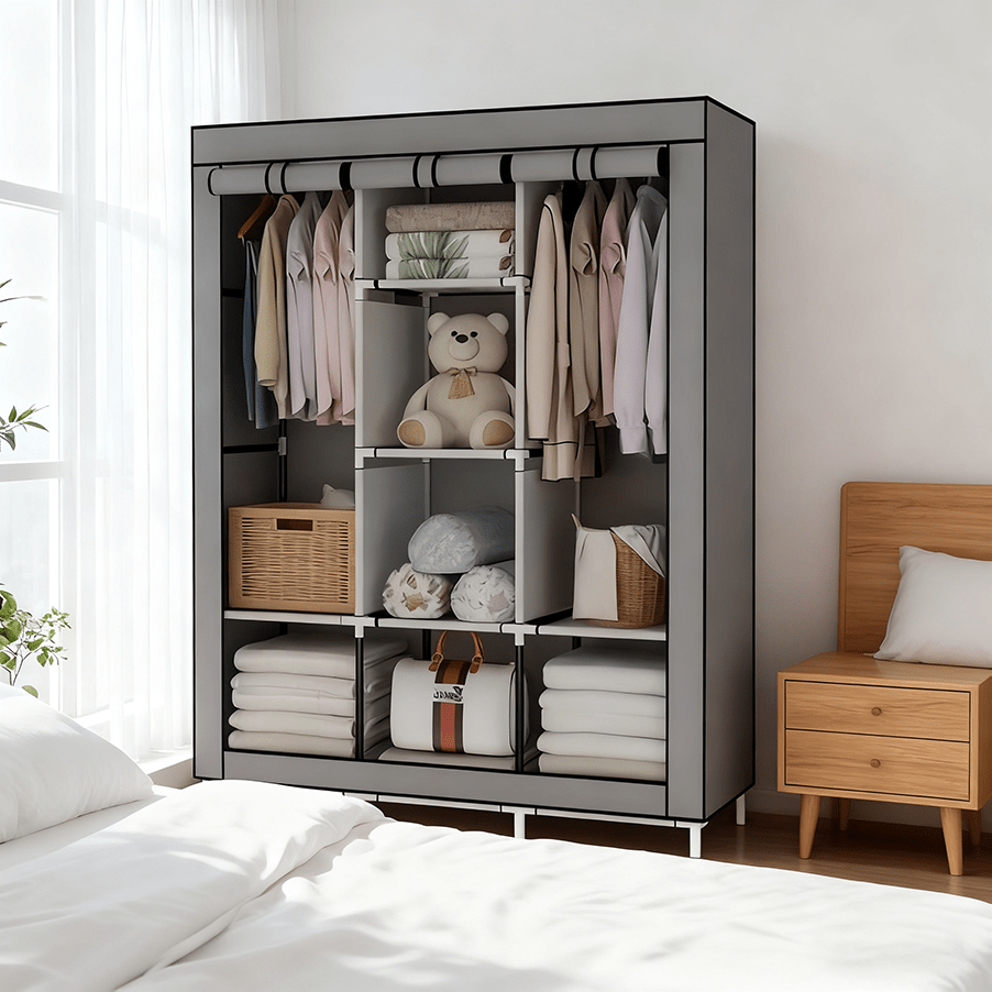 Freestanding Fabric Wardrobe Closet 170x128cm – Non-Woven Portable Clothes Organizer with 6 Shelves, 2 Hanging Sections & 4 Side Pockets, Dustproof Bedroom & Living Room Storage