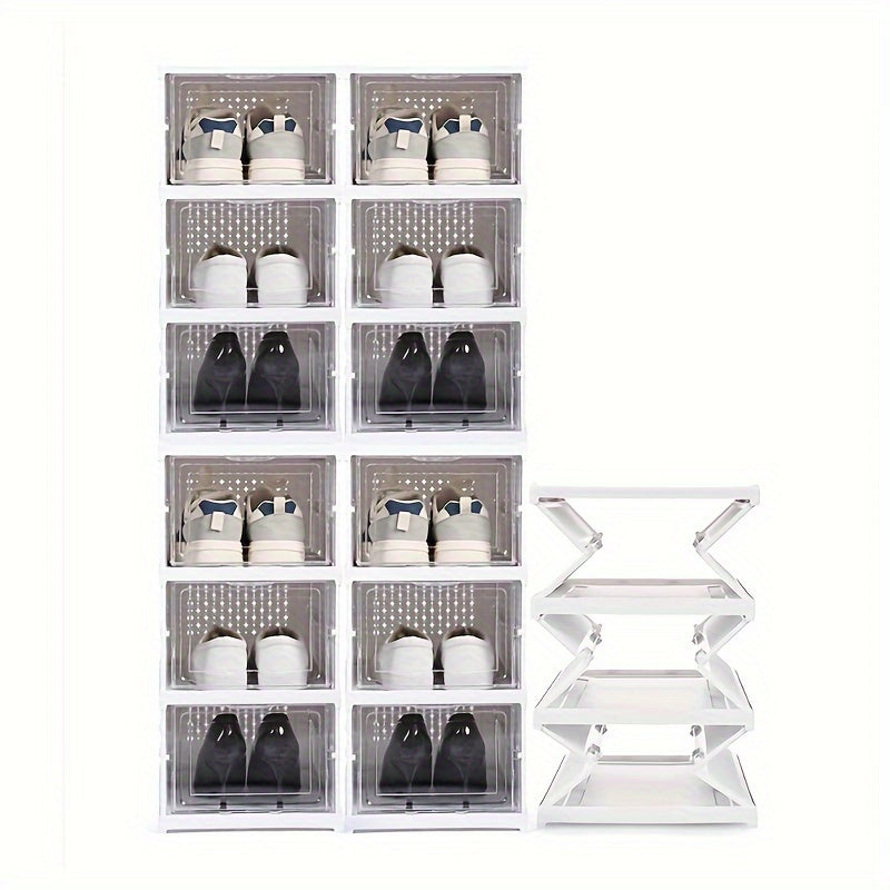 Transparent Stackable Shoe Box Organizer 6-Layer Foldable – Thickened Dustproof Clear Sneaker Storage Cabinet for High-Top Shoes, Shoe Rack Shelf for Closet