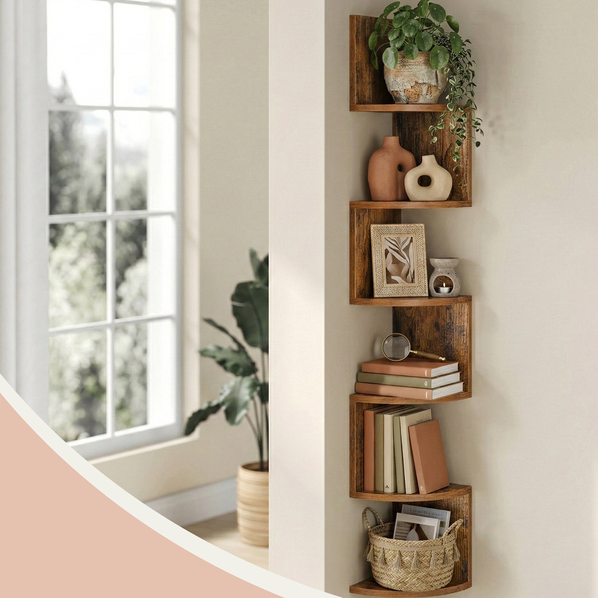 Corner Shelf, 5-Tier Floating Wall Shelf with Zigzag Design, Bookshelf, Rustic Brown