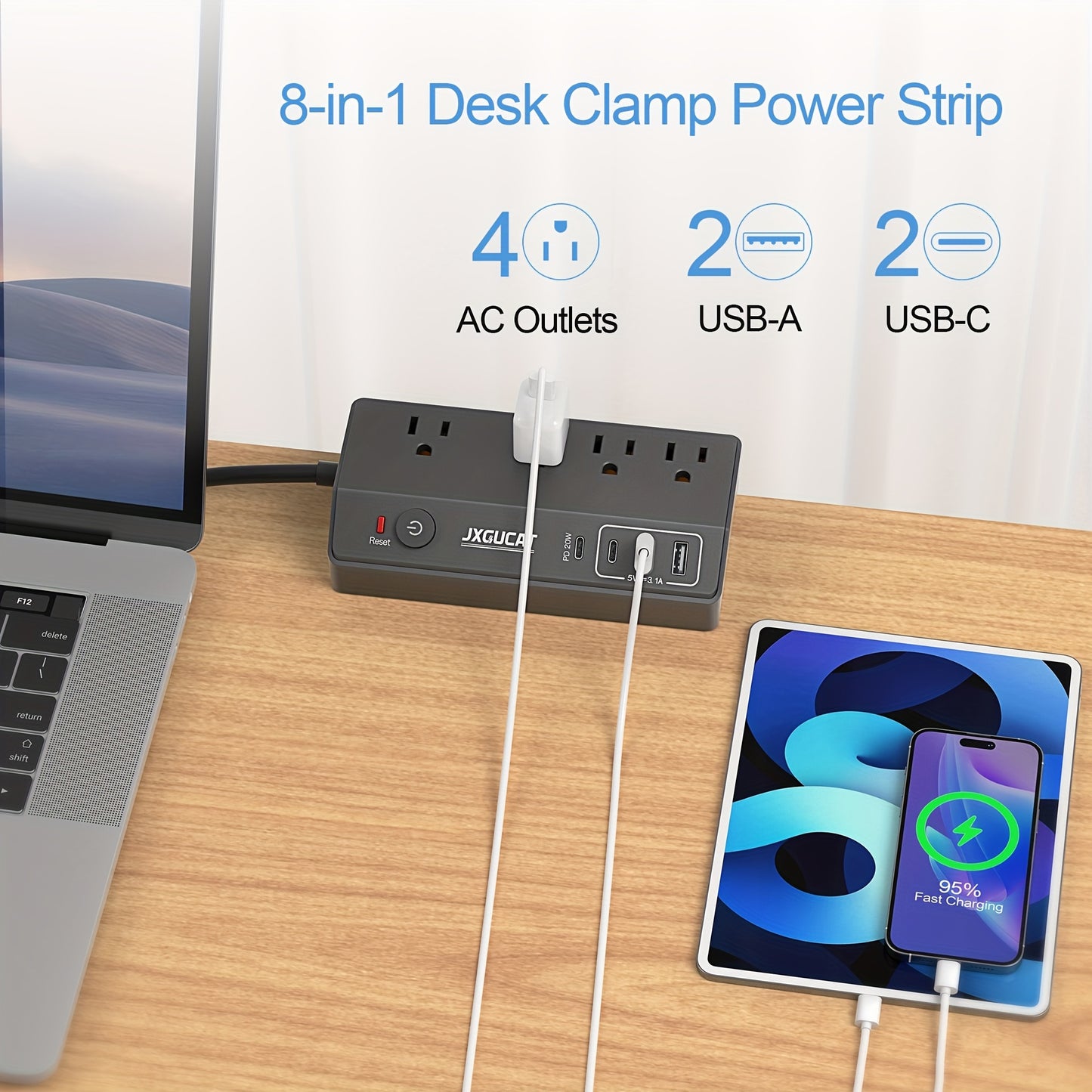 Desk Clamp Power Strip with USB-C 20W PD Fast Charging, 4 Outlets 4 USB Ports Surge Protector, 8.8Ft Flat Plug Extension Cord, Removable Desktop Charging Station