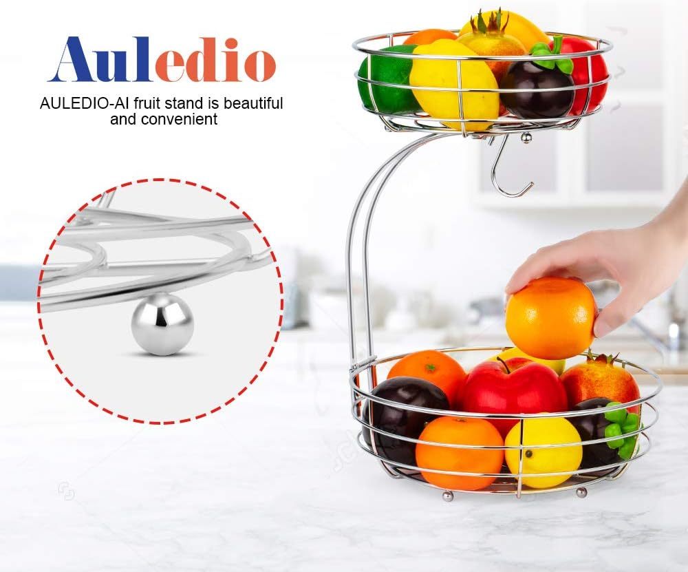Tiered Fruit Basket Bowl with Banana Hanger – Countertop Fruit & Vegetable Storage, Chrome Wire Organizer, 3-Raised Feet, Classic Ironwork Kitchen Decor | ShopVora CA