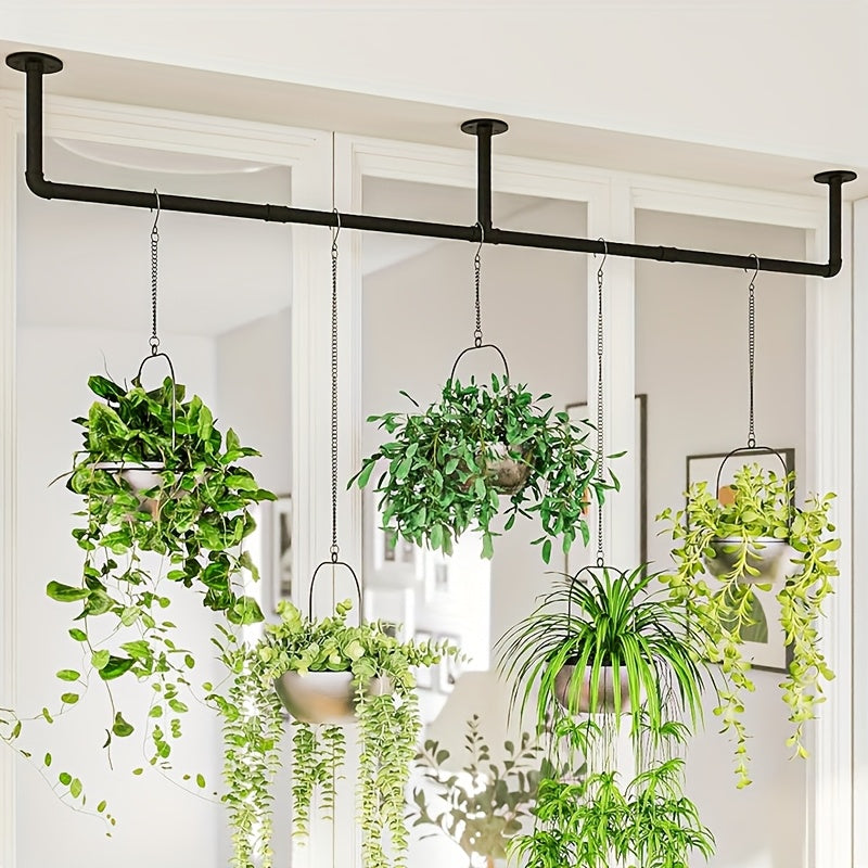 1pc 72.05 X 10.63 Inch Plant Hanging Rod with 3 Hooks Metal Plant Hanger Indoor Hanging Plant Holder Window Plant Shelves Hanging Planters Wall Mount Planter Bar for Ceiling Garden, Black (Pot/Chain/Plant Not Included)