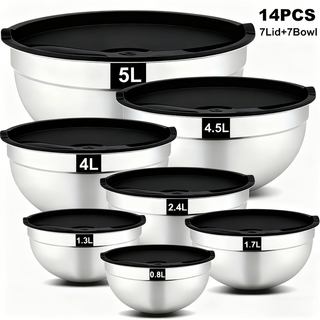 Mixing Bowl with Airtight Lid, Set of 14pcs Stainless Steel Bowls (7 Bowls And 7 Lids), Sizes 5, 3.7, 2.8, 2.3, 1.7, 0.7QT, Perfect for Mixing And Serving, Stainless Steel Bowl Set, Stainless Steel Basin Set