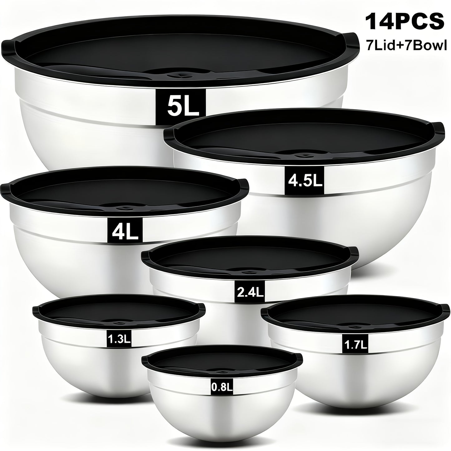 14-Piece Stainless Steel Mixing Bowl Set with Airtight Lids – 7 Nesting Bowls 0.7-5QT for Baking Salad Serving Food Prep, Space-Saving Black Kitchen Bowl Set | Canada