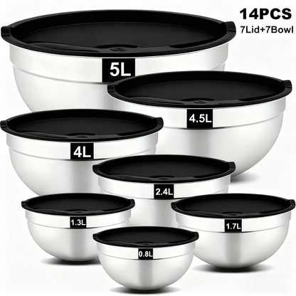 14-Piece Stainless Steel Mixing Bowl Set with Airtight Lids – 7 Nesting Bowls 0.7-5QT for Baking Salad Serving Food Prep, Space-Saving Black Kitchen Bowl Set | Canada