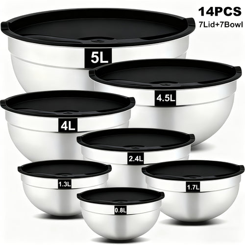 14-Piece Stainless Steel Mixing Bowl Set with Airtight Lids – 7 Nesting Bowls 0.7-5QT for Baking Salad Serving Food Prep, Space-Saving Black Kitchen Bowl Set | Canada