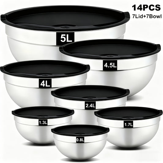 Mixing Bowl with Airtight Lid, Set of 14pcs Stainless Steel Bowls (7 Bowls And 7 Lids), Sizes 5, 3.7, 2.8, 2.3, 1.7, 0.7QT, Perfect for Mixing And Serving, Stainless Steel Bowl Set, Stainless Steel Basin Set
