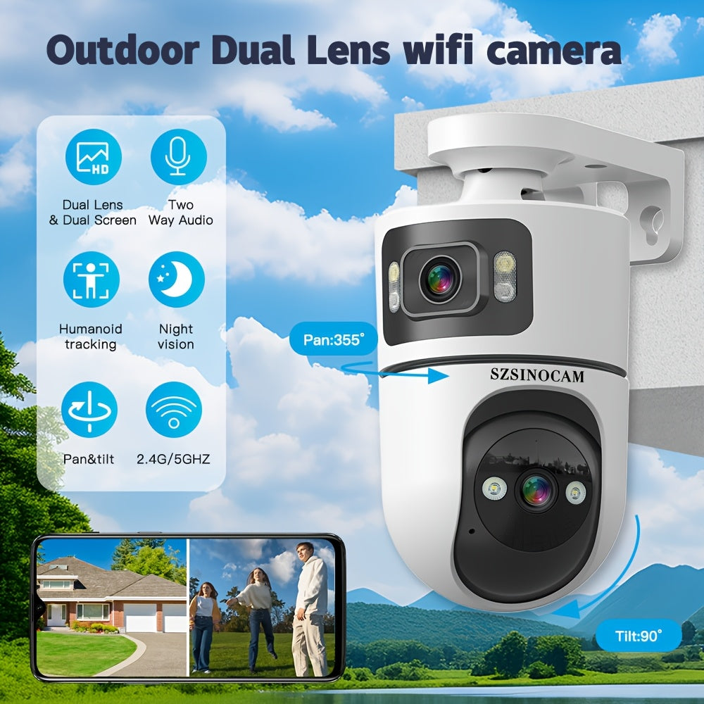 4K PTZ Dual-Lens Outdoor Security Camera with Spotlight Alarm, PIR Motion Detection, Full-Color Night Vision, 2-Way Audio, 360° Pan & Tilt, 24/7 Recording & NVR Compatible — U9 / Built-in Battery