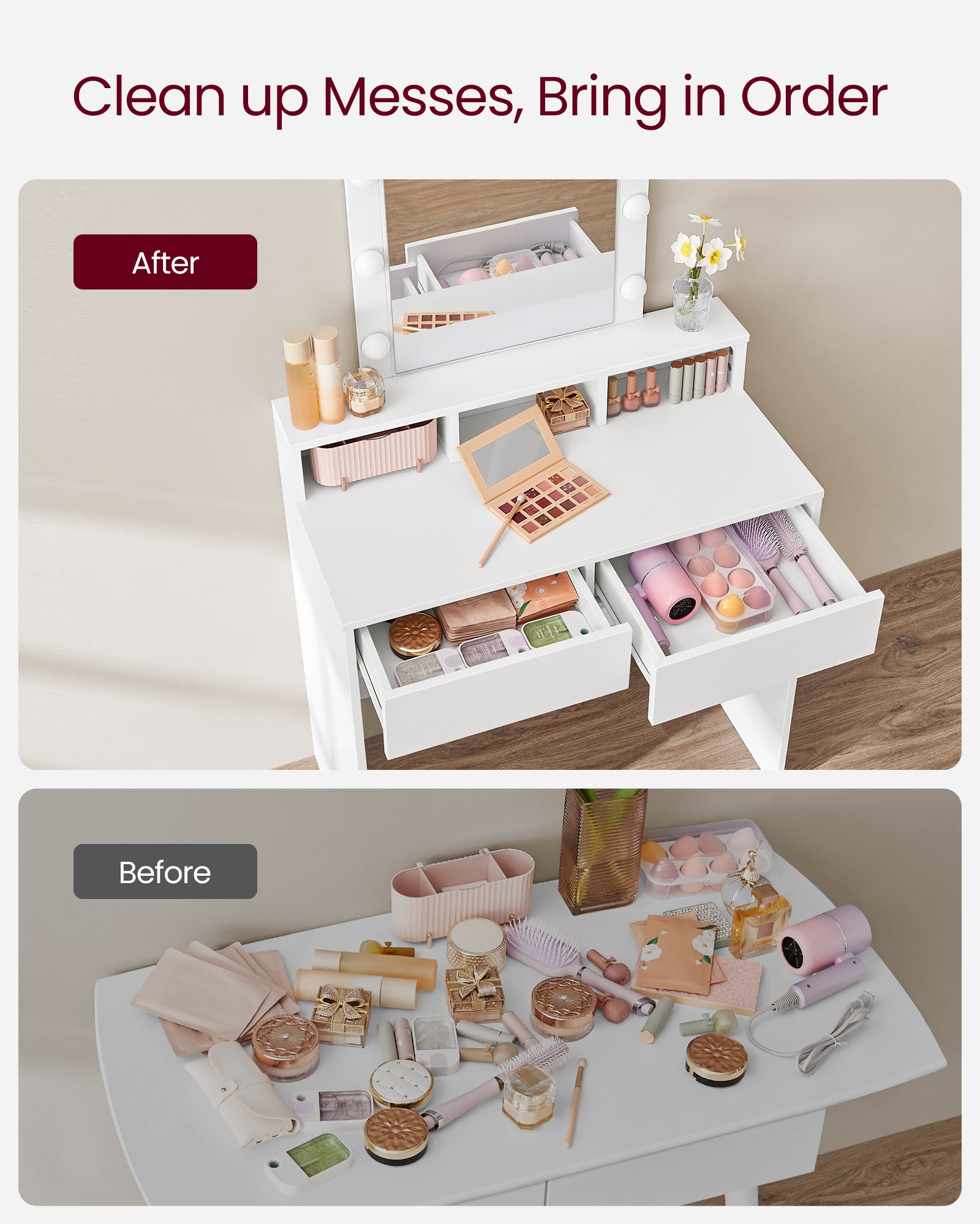 Vanity Desk with Mirror, Makeup Vanity Table with Lights, Adjustable Brightness, 31.5-Inch Wide Makeup Desk with 2 Drawers, 3 Storage Compartments, for Bedroom, Modern, White