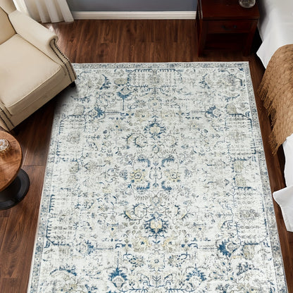 Vintage Boho Distressed Floral Area Rug – Machine Washable, Non-Slip Backing, Stain Resistant – Retro Oversized Accent Carpet for Living Room, Bedroom, Kitchen & Dining Room