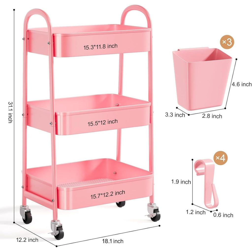 Three-Tier Metal Caster Cart with Lockable Wheels Three-Tier Rolling Book & Snack Cart Multi-Purpose Storage Cart for Kitchen, Bathroom, Garage, Baby Diapers, Crafts, Art Supplies, and Teachers