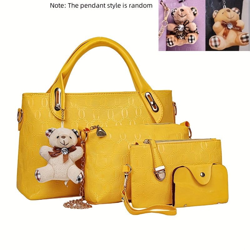 Embossed Women's 4-Piece Bag Set – Large Capacity Tote, Shoulder Crossbody Handbag with Bear Pendant | Retro Casual Style for Daily Commuting, Travel & Birthday Gifts | 9 Colours