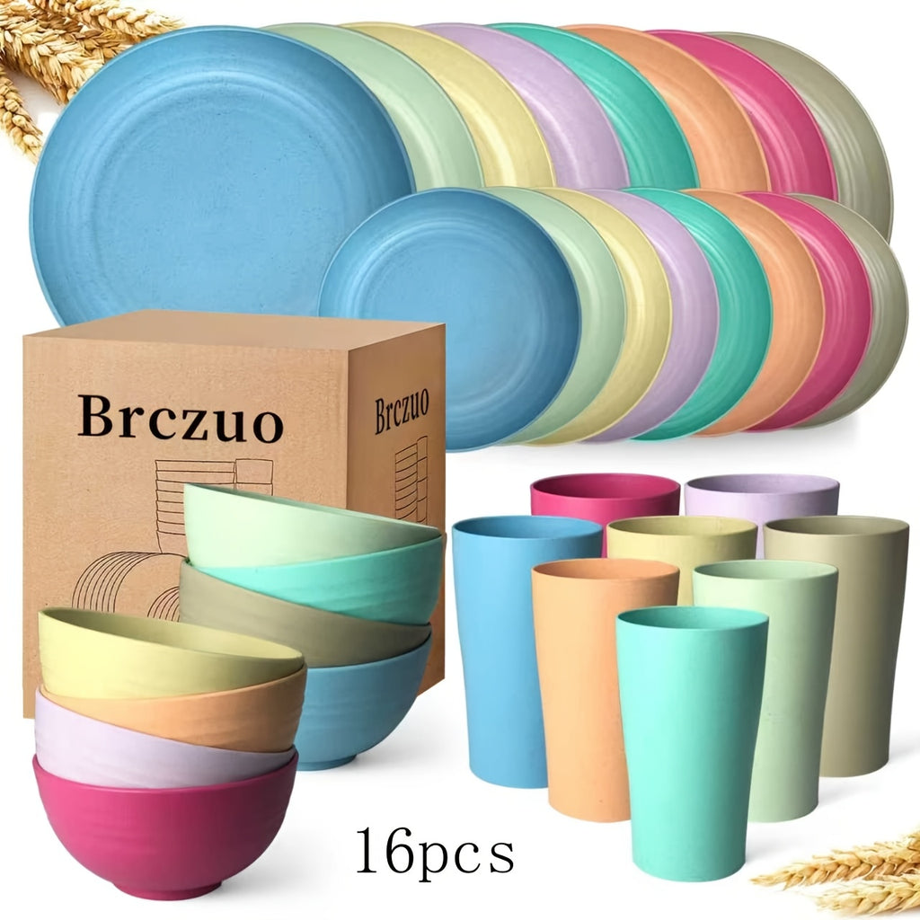 16/32pcs KITCHEN SET Made from Plastic Wheat Straw, Suitable for 4/8 People, Includes Plates, Dessert Plates, Cereal Bowls, And Cups. This Durable Outdoor Camping Tableware Is Perfect for FAMILY GATHERINGS And Birthday Celebrations