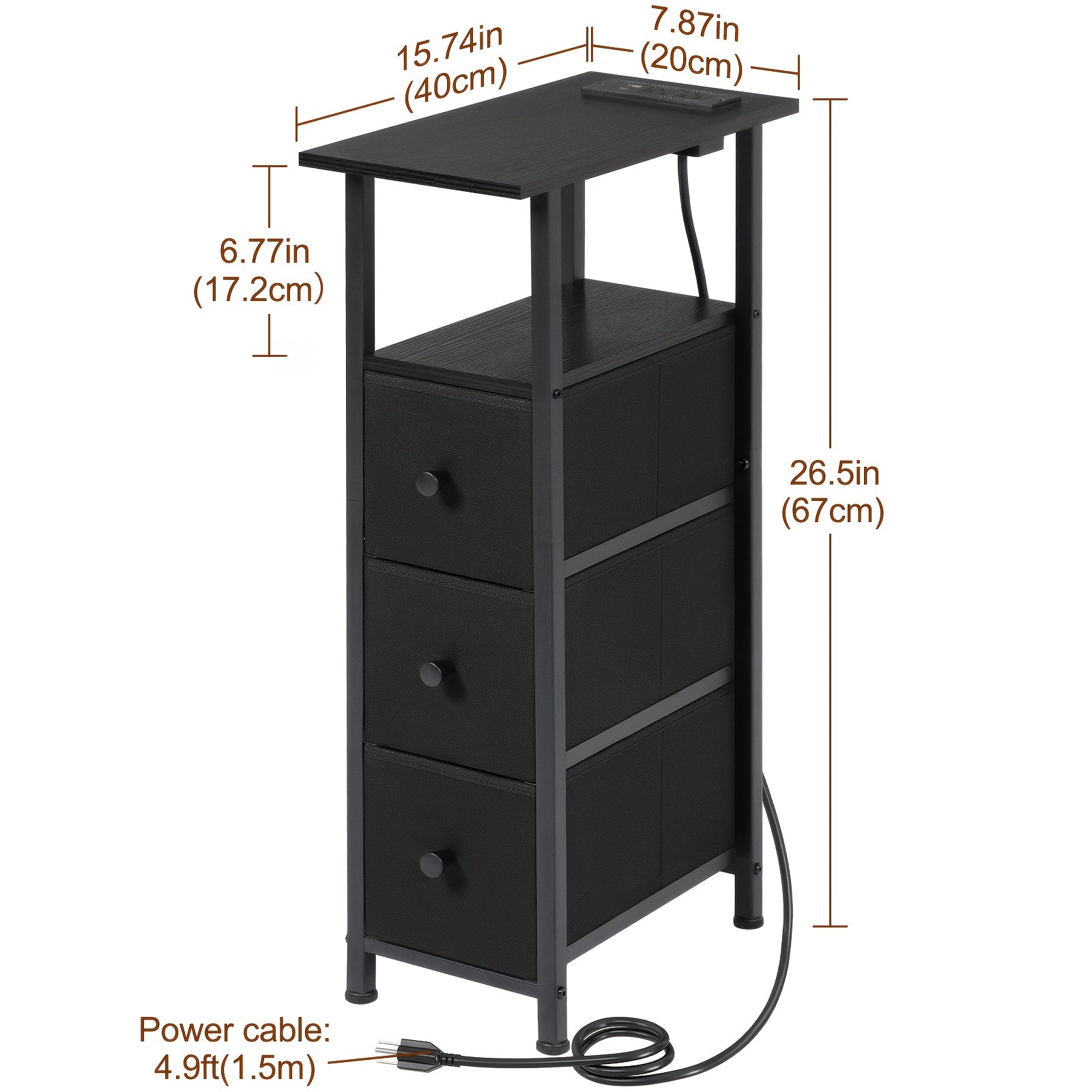 AMHANCIBLE Narrow End Table 2pcs with Charging Station, Slim LED Nightstand with 2/3 Fabric Drawers, Skinny Side Table for Bedroom, Small Spaces, Couch