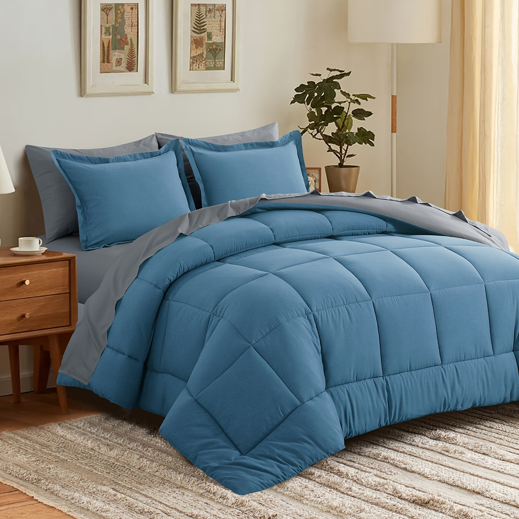7pcs Luxurious Reversible Bedding, Soft Microfiber, Lightweight, Breathable, Easy to Care for - Includes Comforter, Flat Sheet, Fitted Sheet, And Pillowcases, Perfect As Gifts for The Family, Suitable for All Seasons