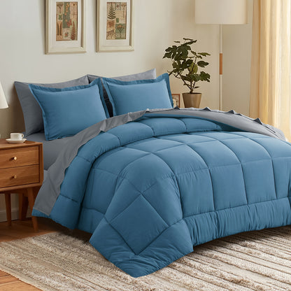 7pcs Reversible Bedding Set Soft Microfiber – Lightweight Breathable Comforter Flat Sheet Fitted Sheet & Pillowcases, All-Season Family Bedding Gift Set