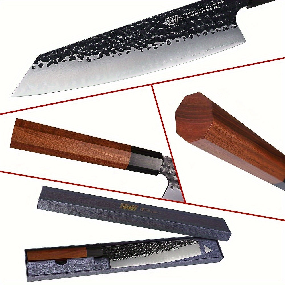1pc 9-Inch Kiritsuke Chef Knife, Japanese Hand-Forged Professional Sharp Kitchen Knife, 9Cr18MoV Triple-Layered Steel Meat Vegetable Sushi Knife for Cutting Meat, Vegetables, Fruits, Seafood, and Sushi, Ergonomic Solid Wood Handle with Gift Box