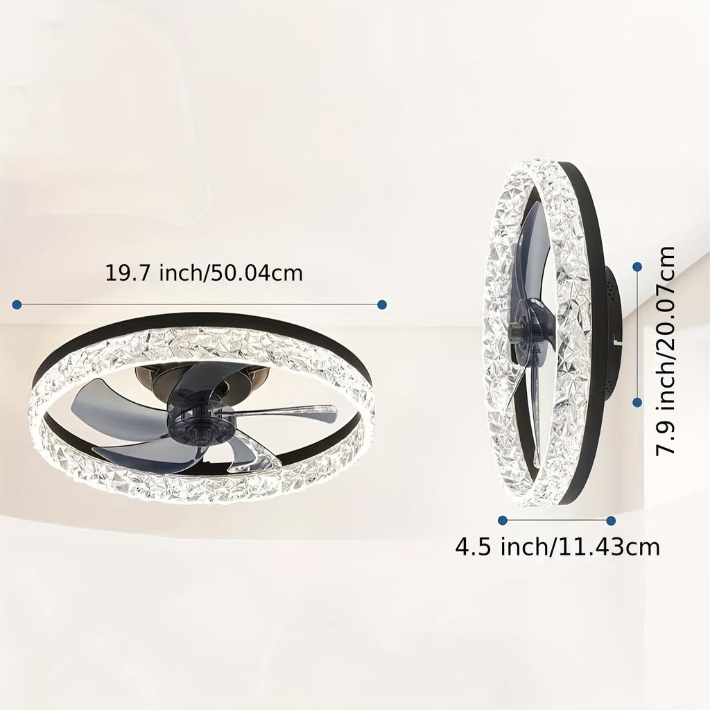 Low Profile Ceiling Fans with Lights And Remote, Fandelier Ceiling Fan Flush Mount 19.7-Inch, 3000K-6500K Smart Bladeless LED Fan Light, Black Modern Ceiling Fans with Lights for Bedroom