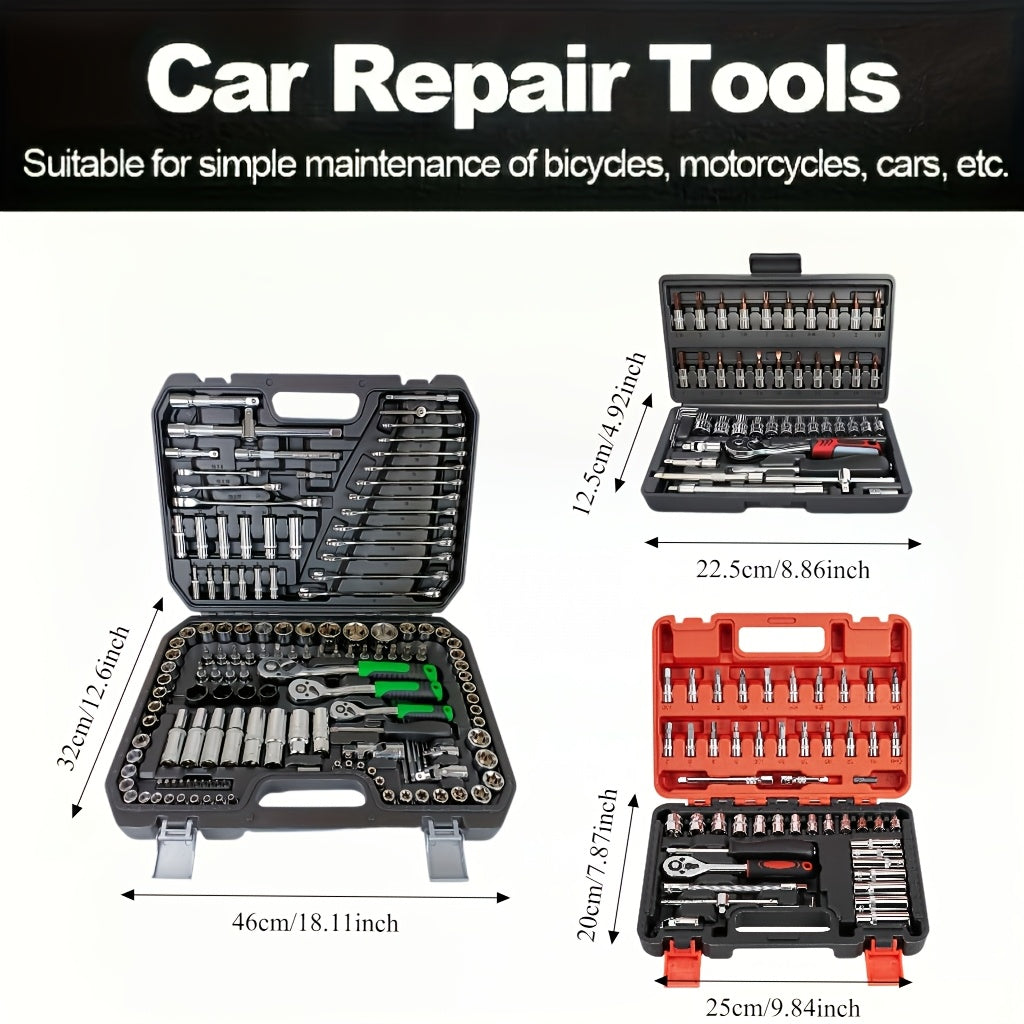 46/52+1/215+1pc Car Repair Tool Set, Ratchet Wrench, Metric Socket Screwdriver Bits, Including A Set Of Mechanical Tools, Extension Rod,  Joint, Slide Rod, SAE And Metric Sockets, Suitable for Vehicle, Industrial Equipment Maintenance