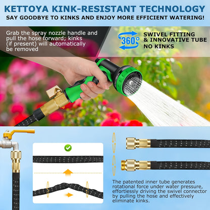 Heavy Duty Garden Hose Anti-Tangle Flexible with 10-Mode Nozzle – 3/4" Solid Brass Fittings Leak-Proof Rotary Connector, 50ft or 100ft Outdoor Watering Hose Set