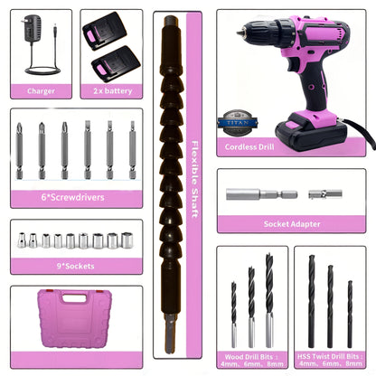 21V Brushless Drill & Tool Kit – 65PC Green CrV Set or 24PC Pink Cordless Drill, Dual Li-Ion Battery, 18+1 Torque, Anti-Shock Case for Home DIY Construction Maintenance Canada