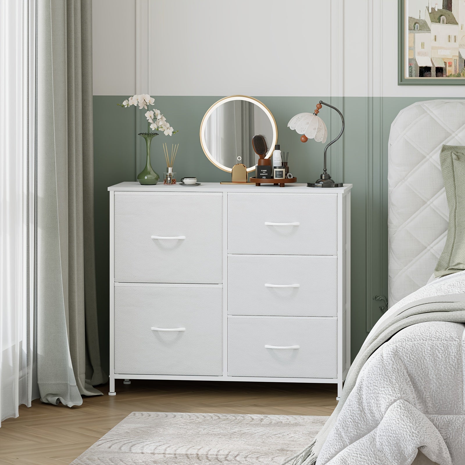 EUNOS Wide Dresser with 5 Drawers & Removable Fabric Bins - Large Storage Chest of Drawers for Bedroom, Closet, Bedside, Living Room, Laundry Room & Entryway Hallway Organization