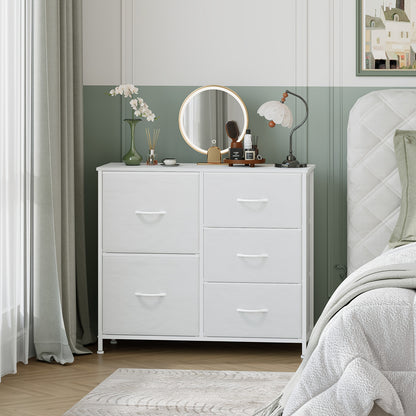 EUNOS Wide Dresser with 5 Drawers & Removable Fabric Bins - Large Storage Chest of Drawers for Bedroom, Closet, Bedside, Living Room, Laundry Room & Entryway Hallway Organization