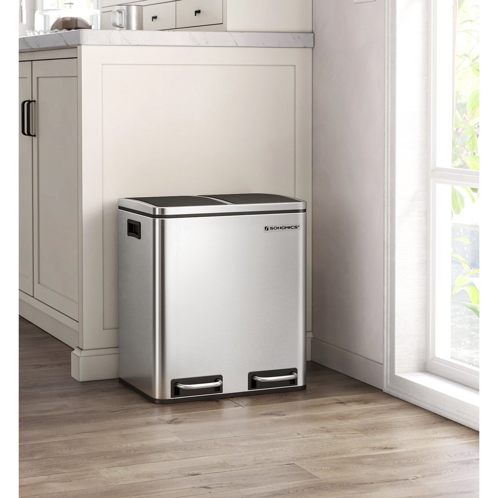 Dual Compartment Stainless Steel Recycling Trash Can – 2 x 4 Gallon (2 x 15L) Kitchen Recycle Bin with Soft-Close Lids, Foot Pedals & Removable Inner Buckets – Fingerprint-Resistant Silver
