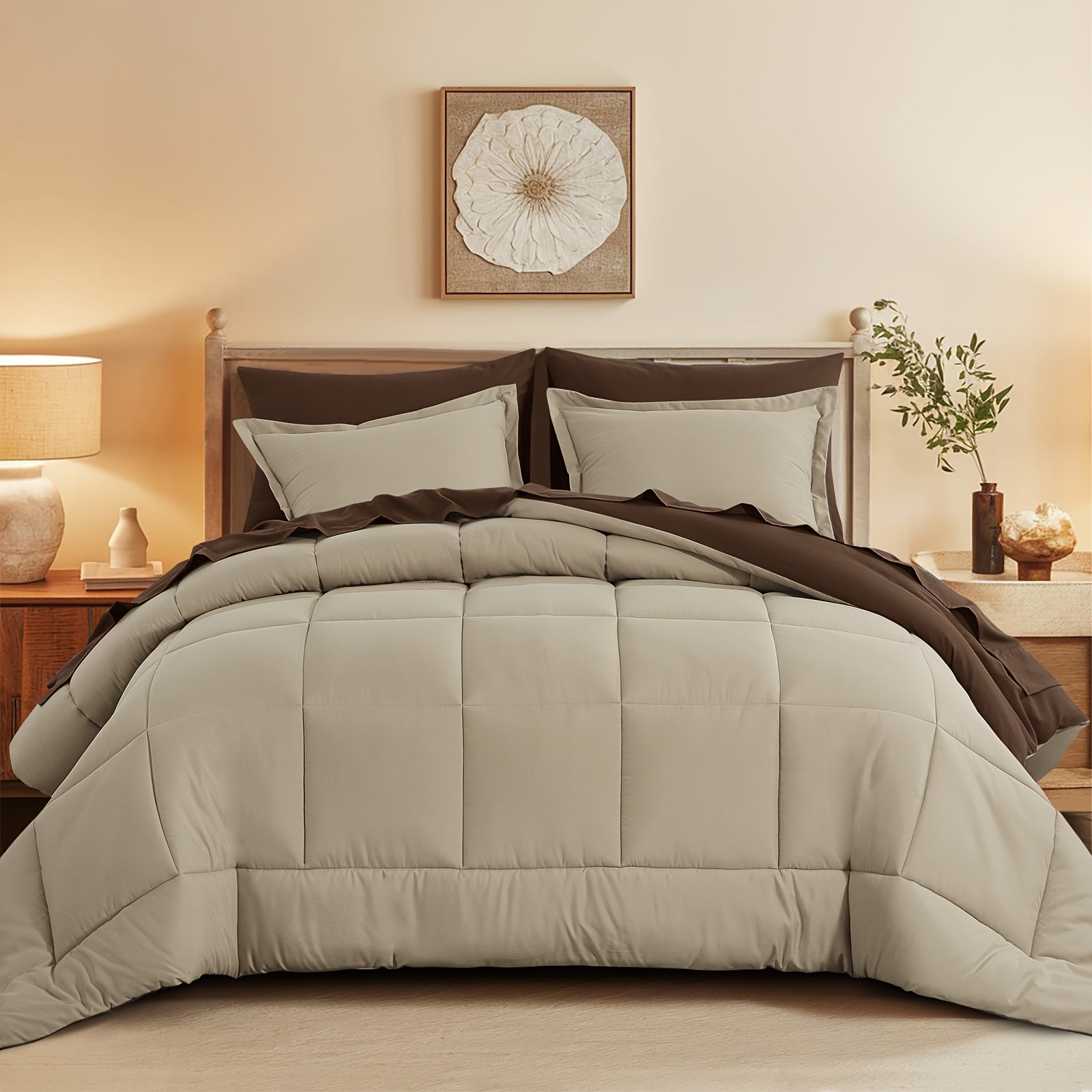7pcs Reversible Bedding Set Soft Microfiber – Lightweight Breathable Comforter Flat Sheet Fitted Sheet & Pillowcases, All-Season Family Bedding Gift Set