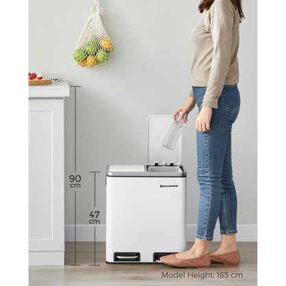 Dual Compartment Stainless Steel Recycling Trash Can – 2 x 4 Gallon (2 x 15L) Kitchen Recycle Bin with Soft-Close Lids, Foot Pedals & Removable Inner Buckets – Fingerprint-Resistant Silver