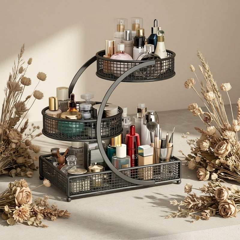 3-Tier Rotating Makeup Shelf - Portable No-Assembly Dressing Table & Bathroom Countertop Storage Rack with Rotating Shelves Suitable for Cosmetics, Skincare, Nail Polish, Lipstick, Perfume - Space-Saving Rotator for