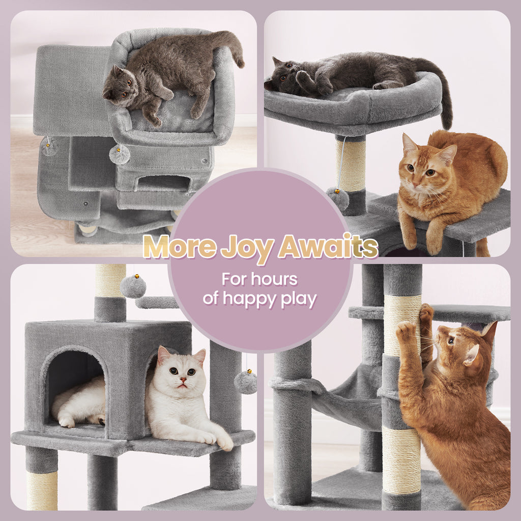 Cat Tree, 44.1-Inch Cat Tower for Indoor Cats, Multi-Level Cat Condo with Scratching Posts, Perches, Hammock and Cave, Smoky Gray