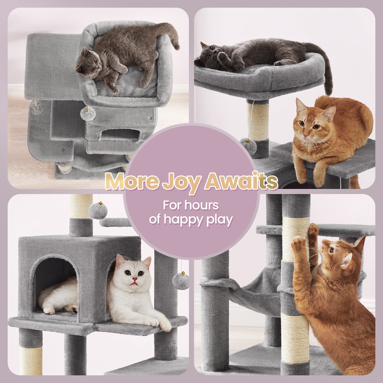 Cat Tree, 44.1-Inch Cat Tower for Indoor Cats, Multi-Level Cat Condo with Scratching Posts, Perches, Hammock and Cave, Smoky Gray