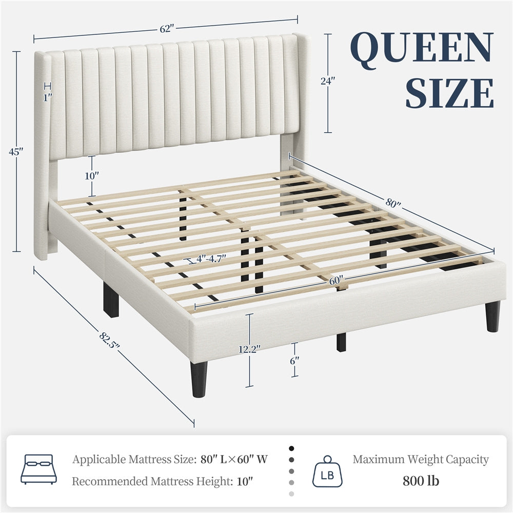 ALDEN DESIGN Bed Frame, Upholstered Bed Frame with Wing Side, Fabric Upholstered Bed with Headboard, Platform Bed Frame with Channel Tufted Headboard, Mattress Foundation with Wood Slat Support, No Box Spring Needed,King/Queen/Full, Ivory/Dark Gray/Black/