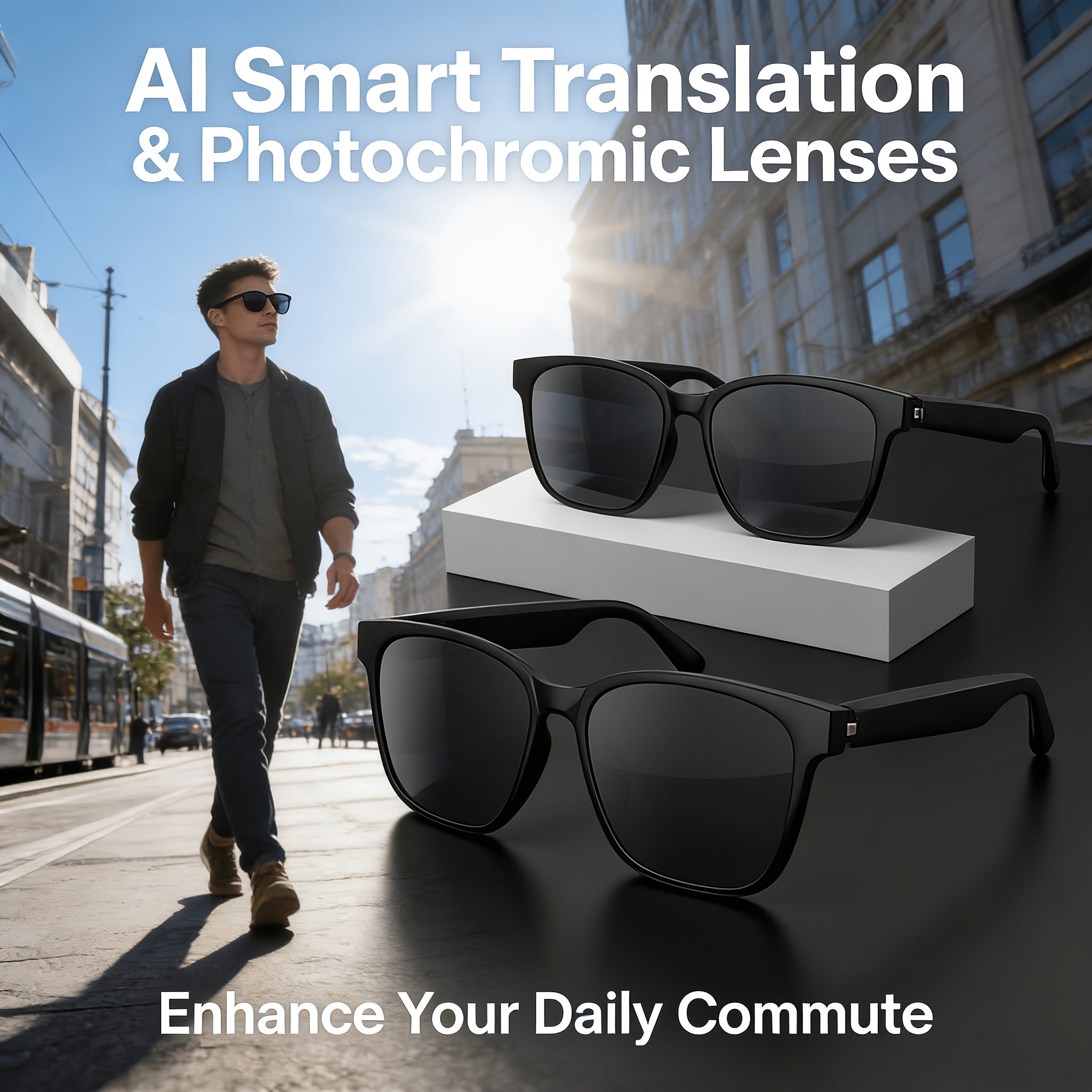 Smart Glasses, AI Smart Translation Glasses, Support 140+ Languages Real-time Translation(New Upgrade: Premium Translation Functions Usable No Subscription Needed).Fit For Office, Travel & Daily Wear.Adopt Photochromic Lenses, Auto Turn Gray