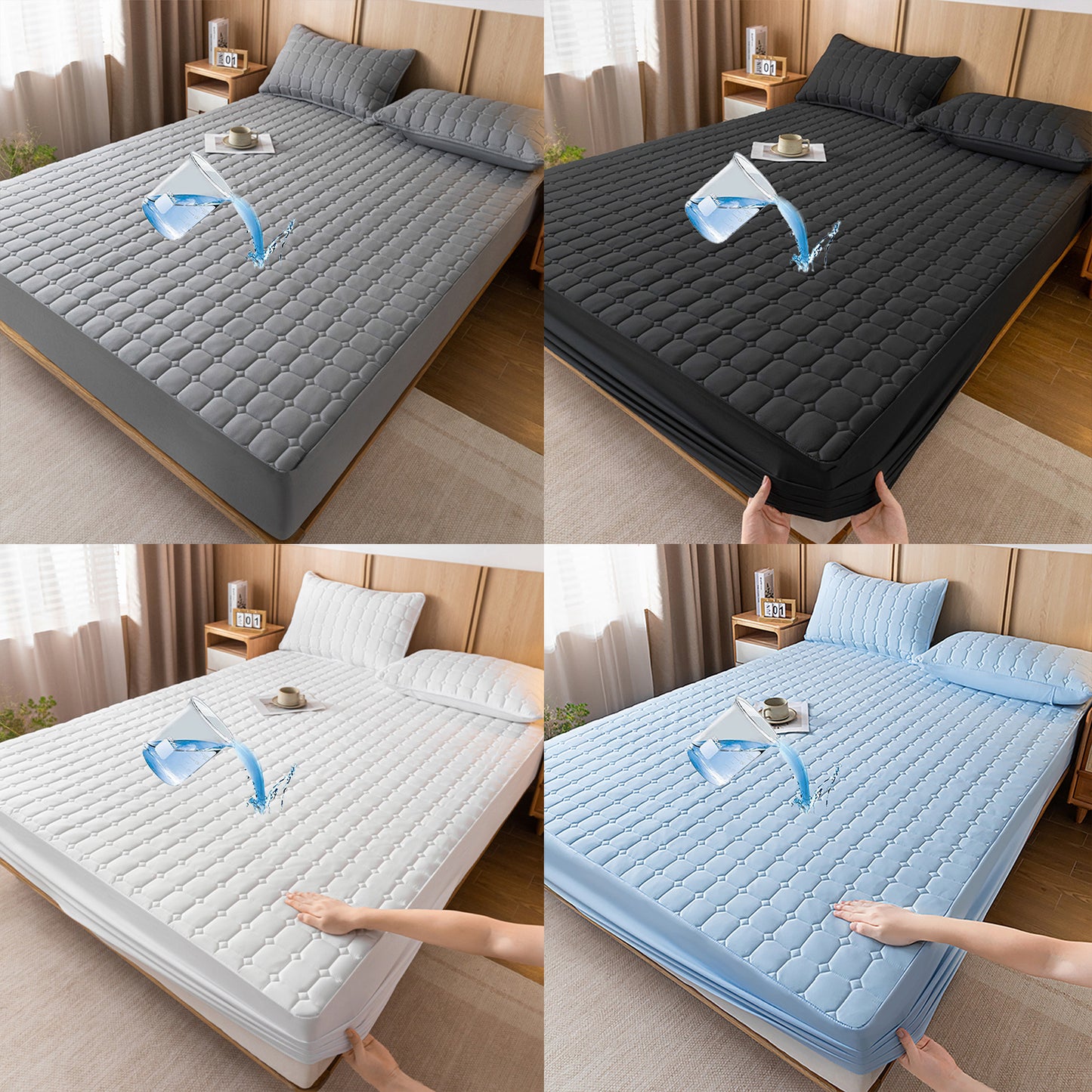 Waterproof Fitted Sheet Mattress Protector – Soft Quilted Breathable Bed Cover, Machine Washable, Fade-Resistant, Twin Full Queen King, Grey White Blue Black