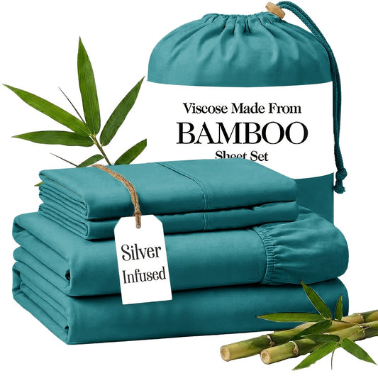 Silver Infused Bamboo Sheets, Luxury 3/4pcs Cooling Sheets, Ultra Soft Bed Set, Deep 17" Pockets, Durable Double Stitching, Soft, Wrinkle Free & Comfy, Easily Fits Extra Deep Mattresses, Pillowcases, Flat Sheet And Fitted Sheet