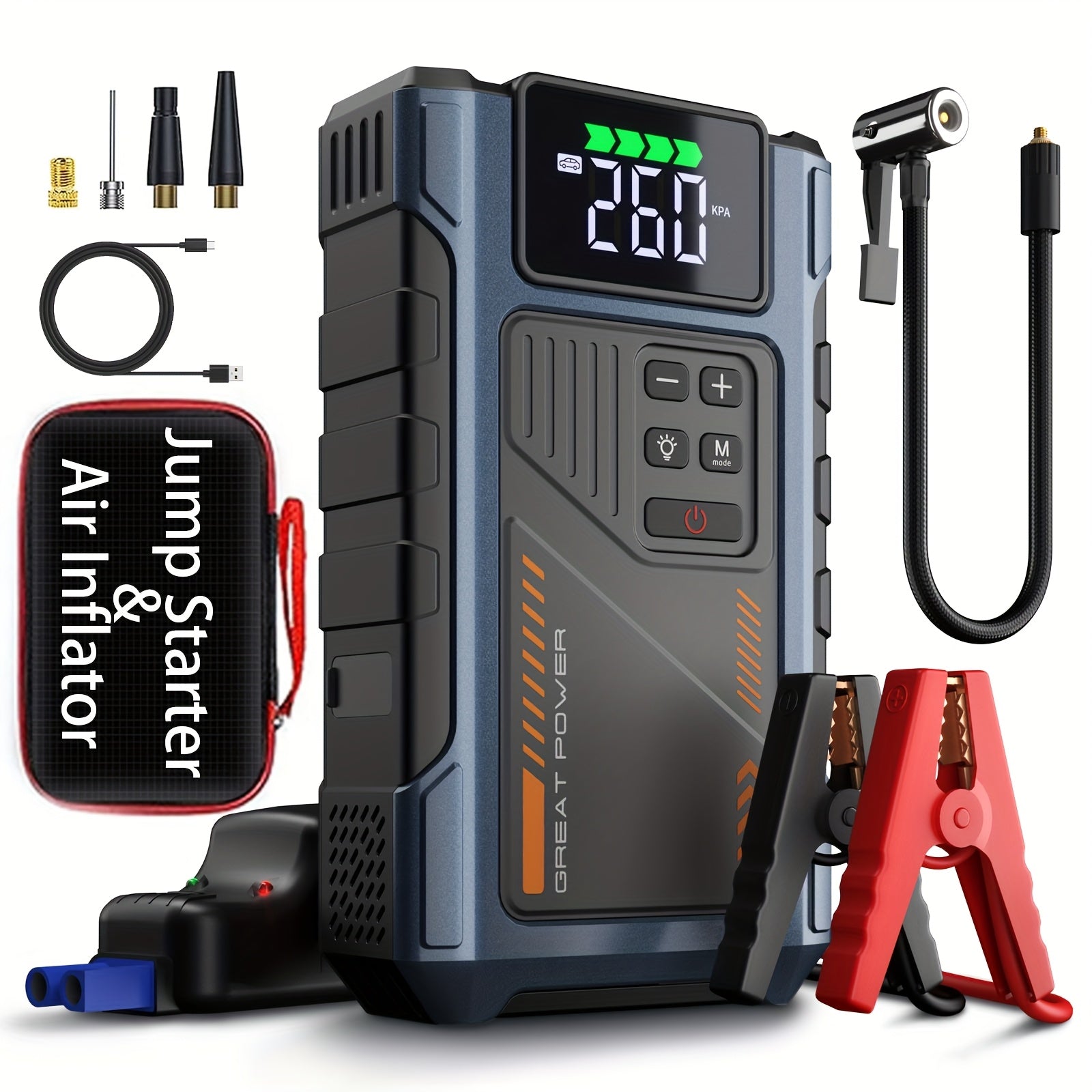 7000A Car Portable Wireless Car Air Compressor, Jump Starter With AirCompressor, Battery Jump StarterPortable Peak, Car Battery Charger Portable For12V(2.11gal Gas/1.72 gal Diesel) UsB Input/output, LED Emergency, Car Accessories Too