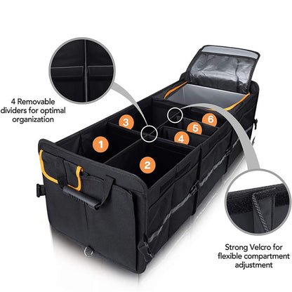 Car Trunk Organizer with Lid – Collapsible 105L Cargo Storage Box, 3 Compartments, Built-in Cooler Bag, Non-Slip, Adjustable Dividers – SUV Van Truck Car Accessories Canada