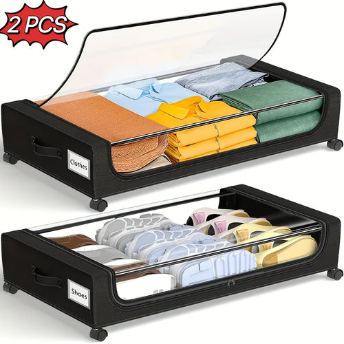 Rolling Under Bed Storage Bins Set of 2 with Transparent Lids & Wheels, Clothes Shoes Organizer Containers, Space-Saving Bedroom Closet Drawers, Black Under-Bed Storage Boxes