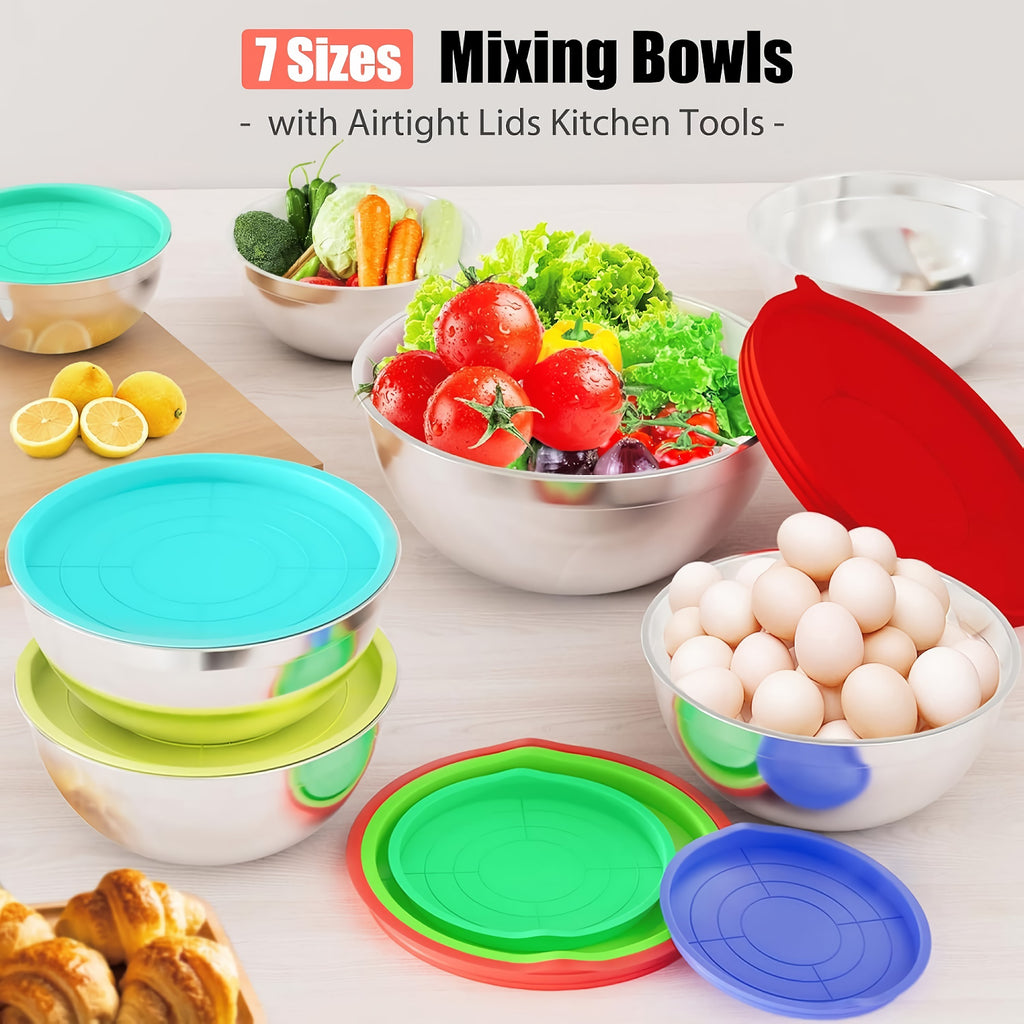 7pcs Stainless Steel Mixing Bowl Set, Multifunctional Stacking Mixing Bowls with Lids and Accessories for Home, Kitchen, Cooking - TU-JC-SLW003-US
