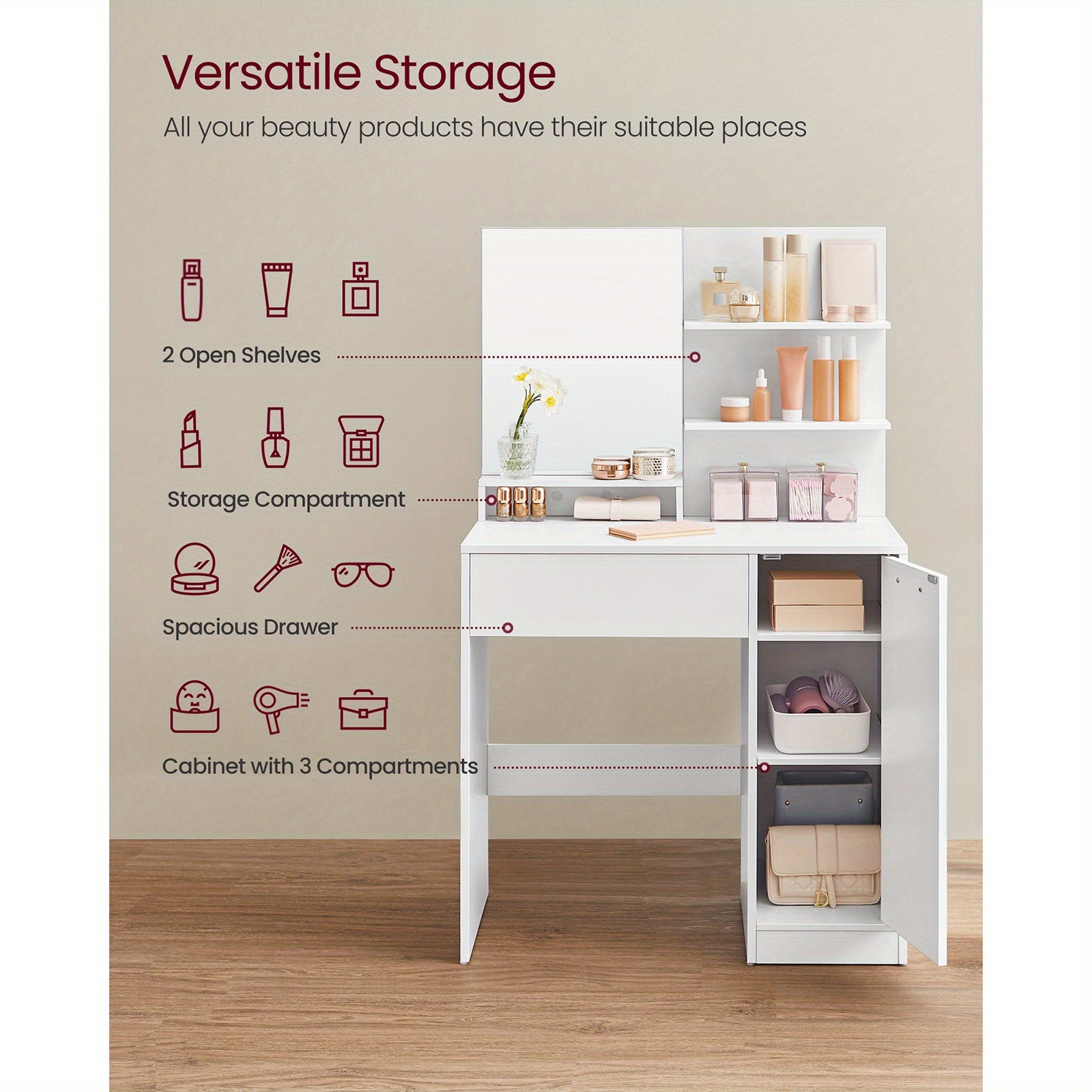 Makeup Vanity Desk with Mirror, 2 Shelves, Vanity Table with 1 Drawer, Storage Cabinet, Dressing Table, Modern