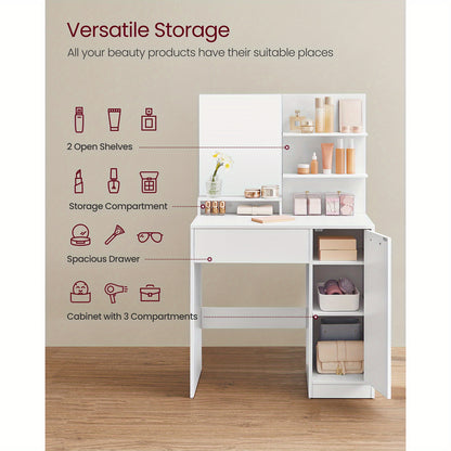 Modern Makeup Vanity Desk with Mirror Dressing Table with Drawer Storage Cabinet and 2 Open Shelves White for Bedroom Dressing Area Walk-in Closet Beauty Station Canada