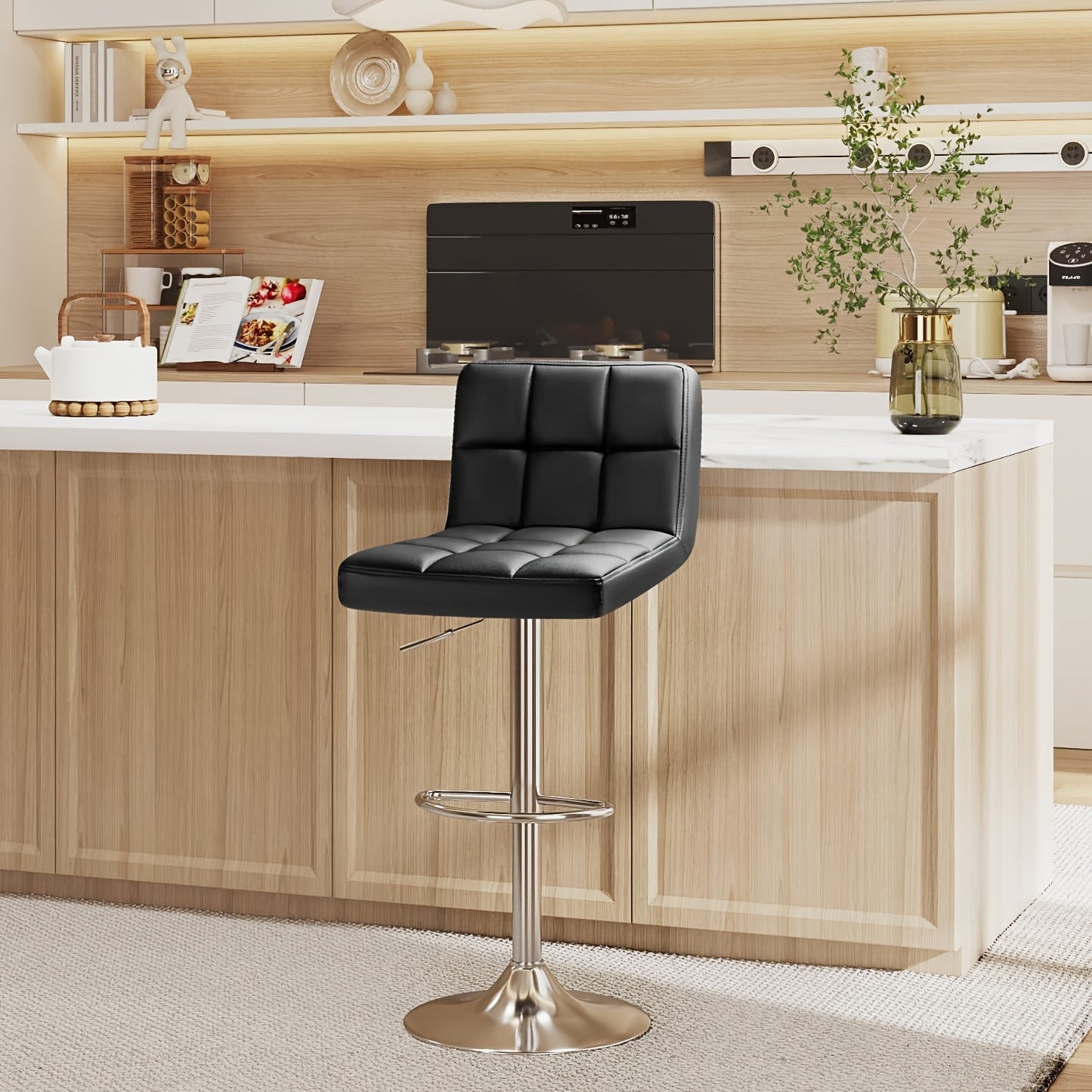Square Seat PU Leather Bar Stools Set of 2 – Armless Swivel Adjustable Height Counter Chairs, Modern Kitchen Island & Dining Room Stools for Cafe Pub Home – GUNJI, Black White Red