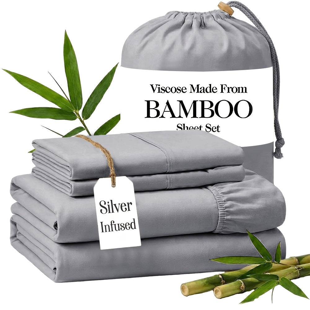 Silver Infused Bamboo Sheet Set 3/4pcs – Ultra-Soft Cooling Bed Sheets with 17" Deep Pockets, Antibacterial Wrinkle-Free Viscose Bedding for Hot Sleepers, Fitted Sheet, Flat Sheet & Pillowcases, Twin Full Queen King, 7 Colours