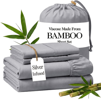 Silver Infused Bamboo Sheet Set 3/4pcs – Ultra-Soft Cooling Bed Sheets with 17" Deep Pockets, Antibacterial Wrinkle-Free Viscose Bedding for Hot Sleepers, Fitted Sheet, Flat Sheet & Pillowcases, Twin Full Queen King, 7 Colours