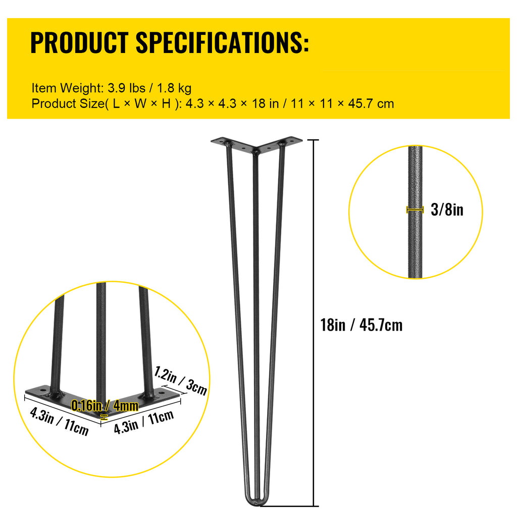 VEVOR Table Legs 16-40 inch Black Set of 4 Desk Legs Each 220lbs Capacity Hairpin Desk Legs 3 Rods for Bench Desk Dining End Table Chairs Carbon Steel DIY Table Legs Heavy Duty Furniture Legs