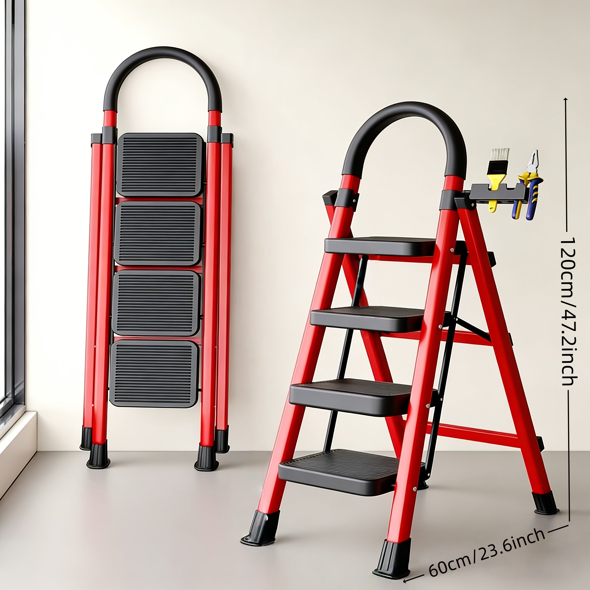 500 Lbs Folding Step Ladder – 3/4/5 Step Heavy-Duty Steel, Anti-Slip Wide Treads, Handrails & Safety Lock, Portable Multi-Use Step Stool for Home, Kitchen & Workshop