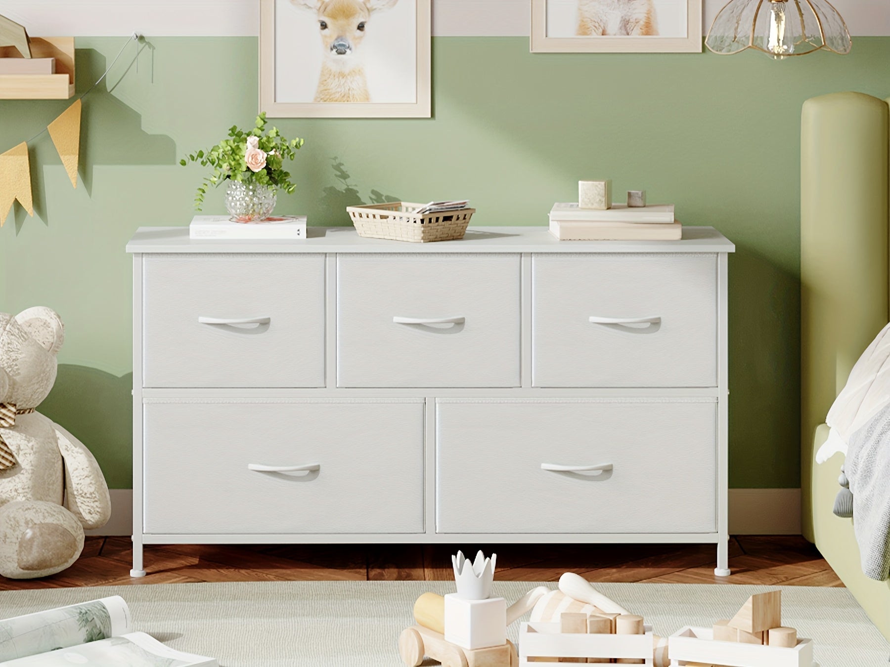 EUNOS Chest Of Drawers White with 5 Drawers Made Of Fabric, Sideboard with Wooden Top, Cupboard Wide for Living Room, Hallway, Dresser Cabinet, Kitchen Cabinet