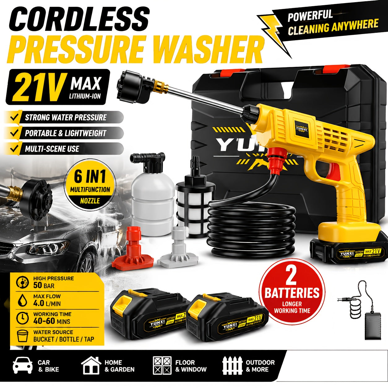Cordless Lithium-Ion Pressure Washer Gun Portable High-Pressure Cleaning Machine with Ergonomic Grip, Rechargeable Battery – Ideal for Car Wash, Patio, Garden & Courtyard Outdoor Cleaning, Lightweight Handheld Design
